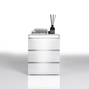 WHOUS Comodino con Luce LED 50x40x65 cm con con 3 Cassetti e Manici in Alluminio, Made in Italy COLORE: Bianco lucido