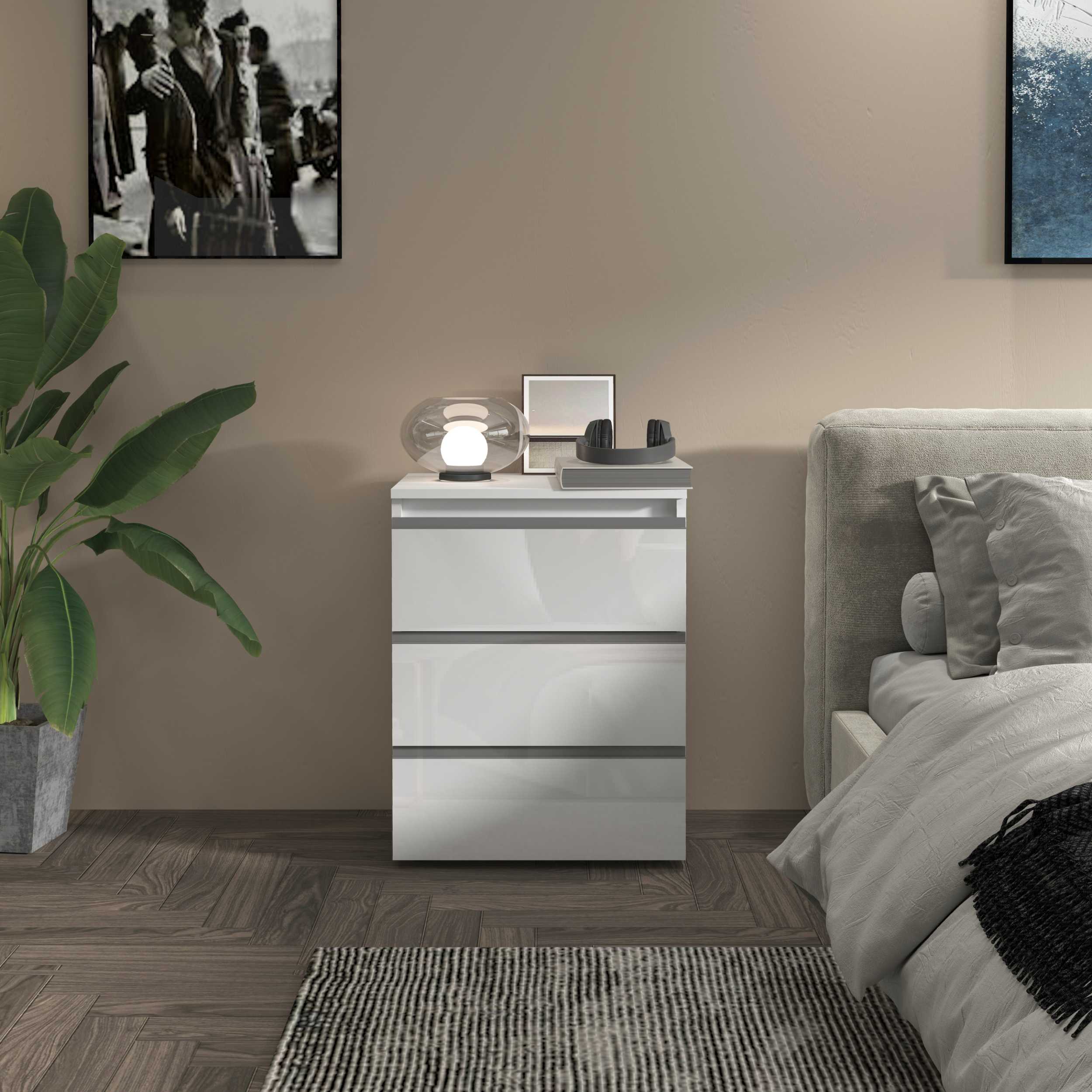 WHOUS Comodino con Luce LED 50x40x65 cm con con 3 Cassetti e Manici in Alluminio, Made in Italy COLORE: Bianco lucido