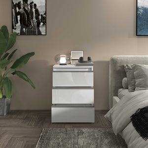 WHOUS Comodino con Luce LED 50x40x65 cm con con 3 Cassetti e Manici in Alluminio, Made in Italy COLORE: Bianco lucido