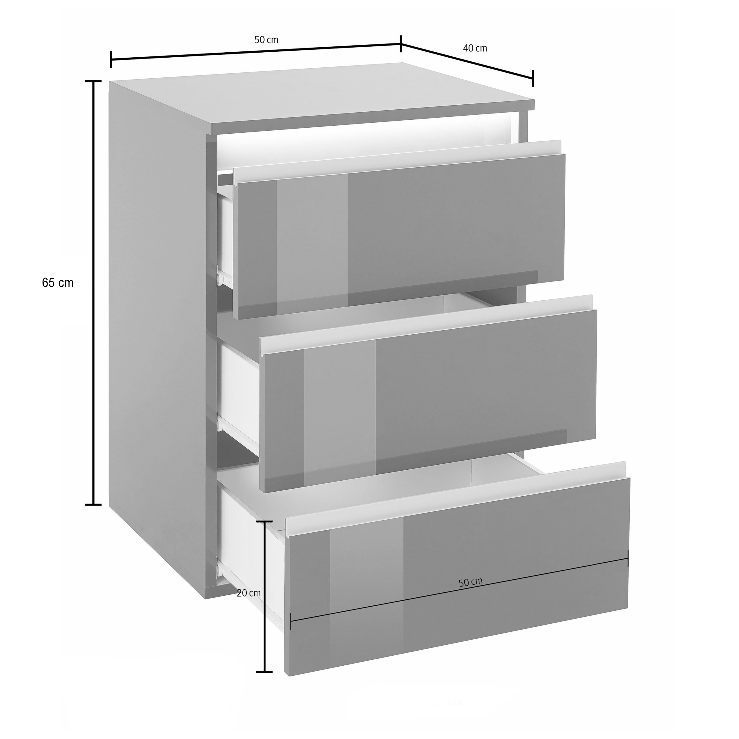 WHOUS Comodino con Luce LED 50x40x65 cm con con 3 Cassetti e Manici in Alluminio, Made in Italy COLORE: Bianco lucido