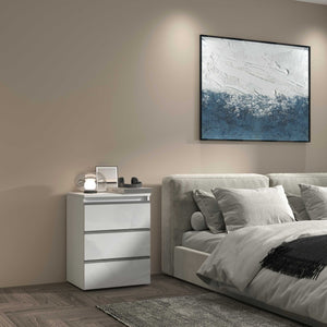 WHOUS Comodino con Luce LED 50x40x65 cm con con 3 Cassetti e Manici in Alluminio, Made in Italy COLORE: Bianco lucido