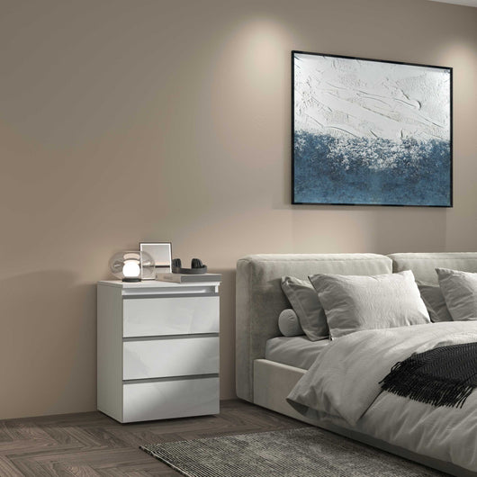 WHOUS Comodino con Luce LED 50x40x65 cm con con 3 Cassetti e Manici in Alluminio, Made in Italy COLORE: Bianco lucido