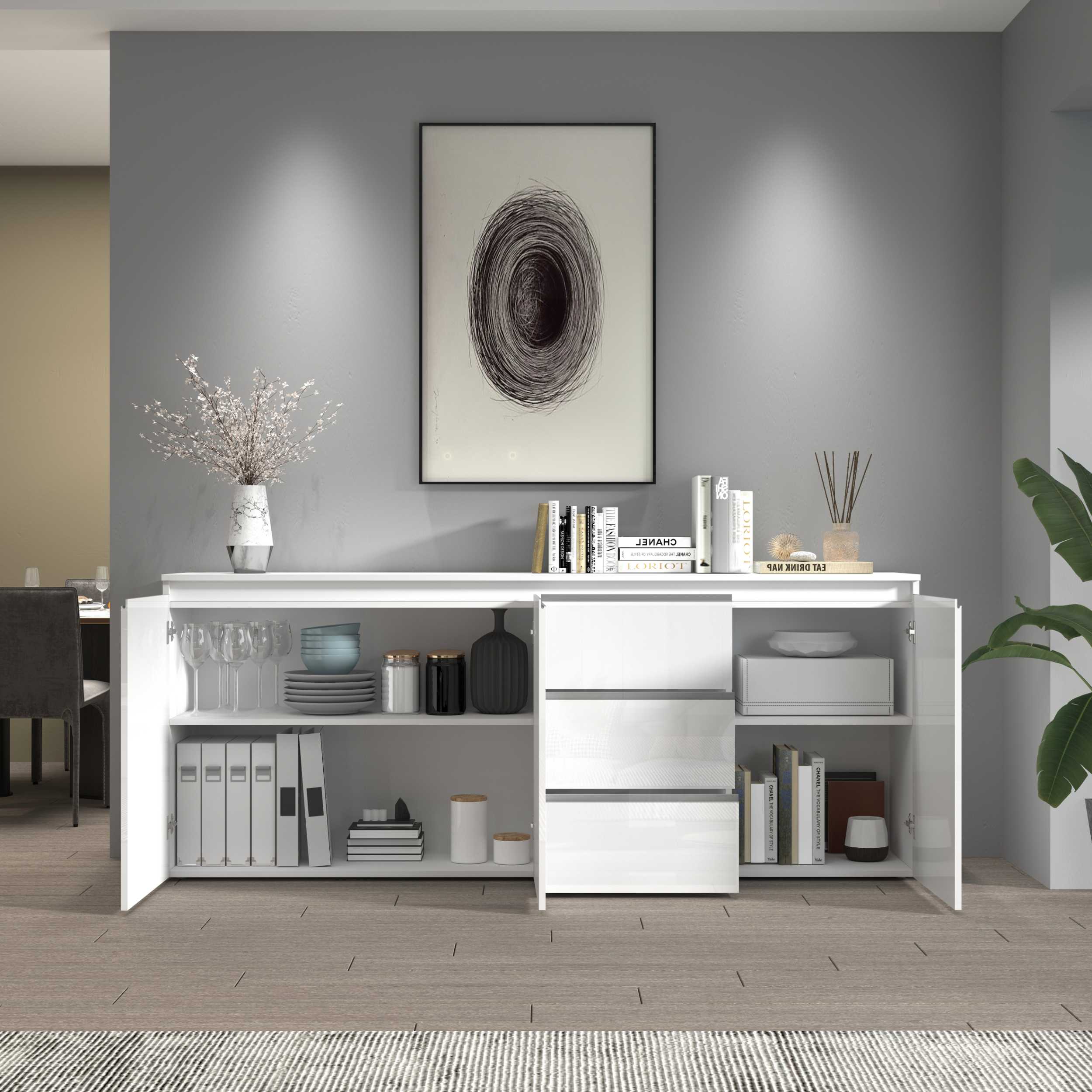 WHOUS Credenza Cassettiera Bianco Lucido, Made in Italy STILE: 3 ante e 3 cassetti