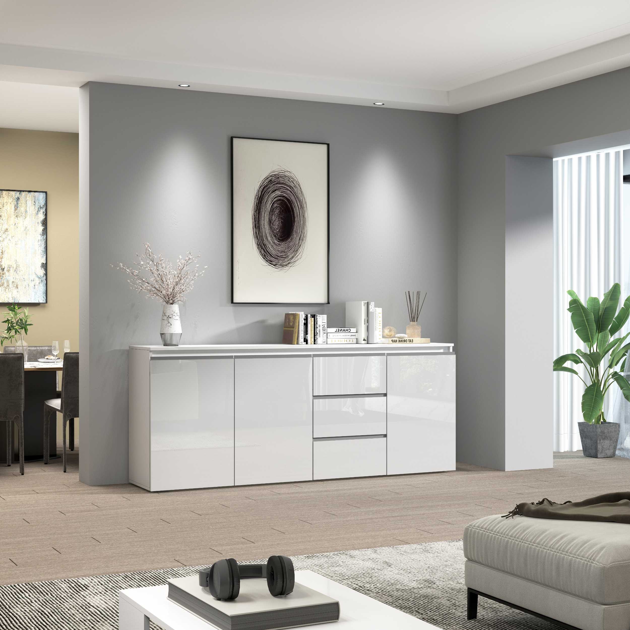 WHOUS Credenza Cassettiera Bianco Lucido, Made in Italy STILE: 3 ante e 3 cassetti