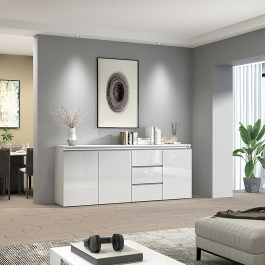 WHOUS Credenza Cassettiera Bianco Lucido, Made in Italy STILE: 3 ante e 3 cassetti