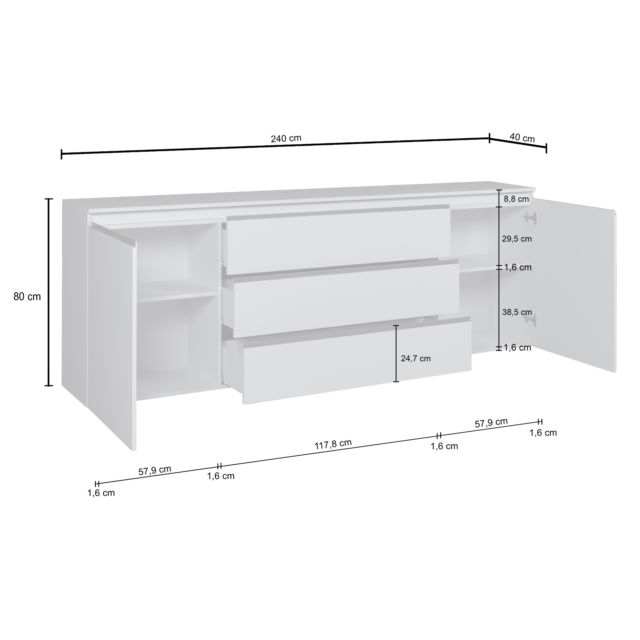 WHOUS Credenza Cassettiera Bianco Lucido, Made in Italy STILE: 2 ante e 3 cassetti largo