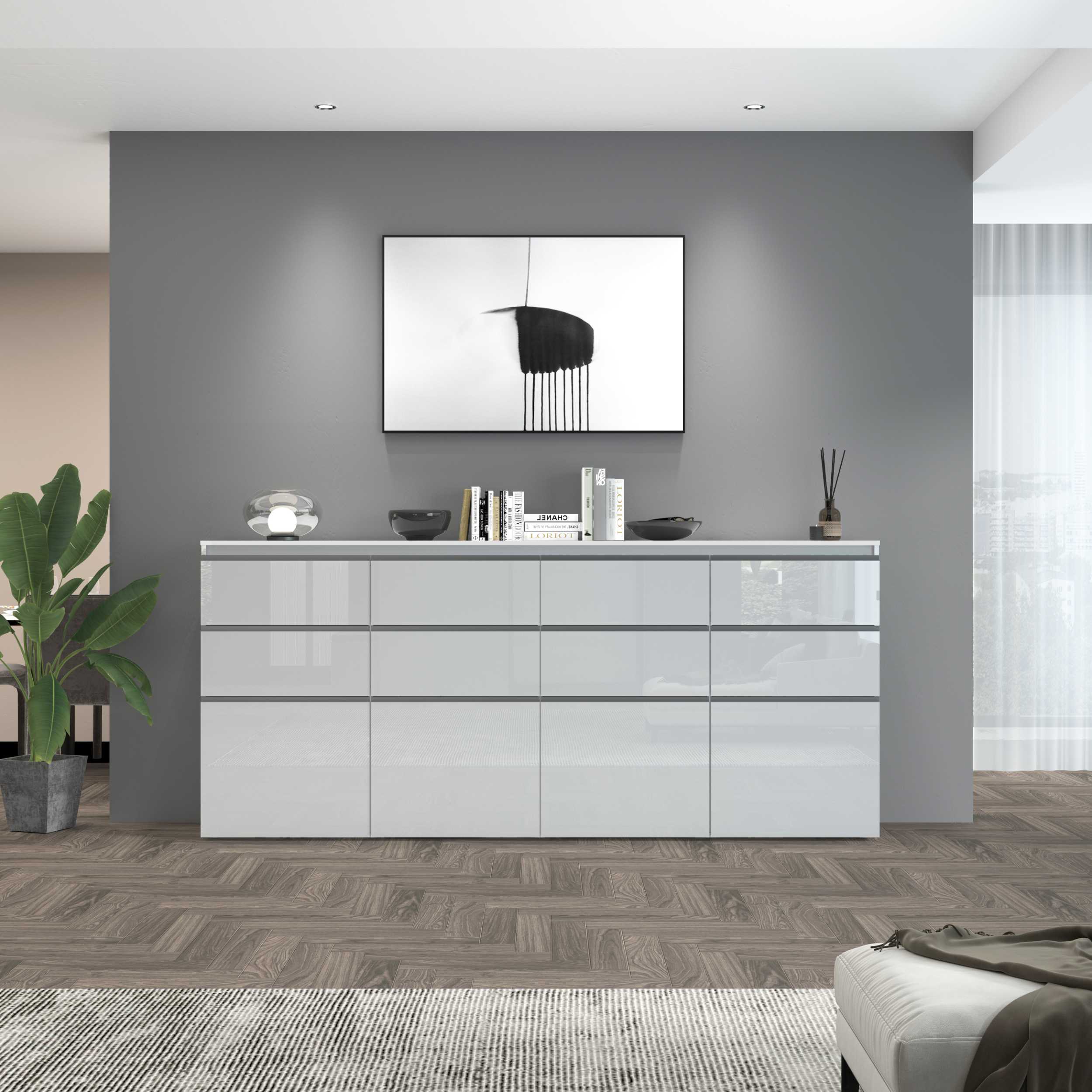 WHOUS Credenza Cassettiera Bianco Lucido, Made in Italy STILE: 4 ante e 8 cassetti