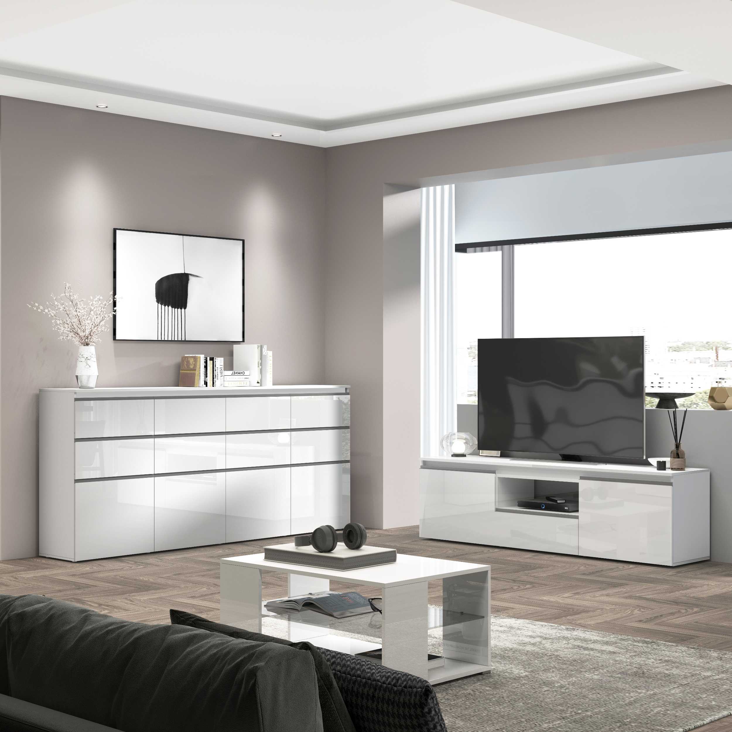 WHOUS Credenza Cassettiera Bianco Lucido, Made in Italy STILE: 4 ante e 8 cassetti