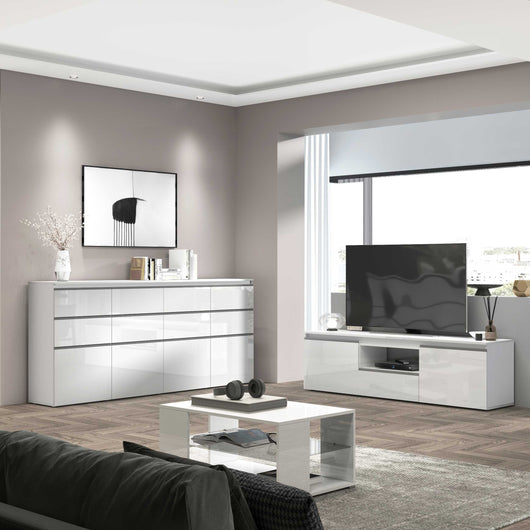 WHOUS Credenza Cassettiera Bianco Lucido, Made in Italy STILE: 4 ante e 8 cassetti