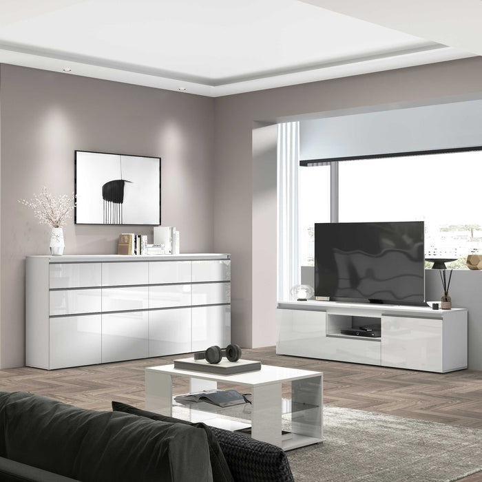 WHOUS Credenza Cassettiera Bianco Lucido, Made in Italy STILE: 4 ante e 8 cassetti