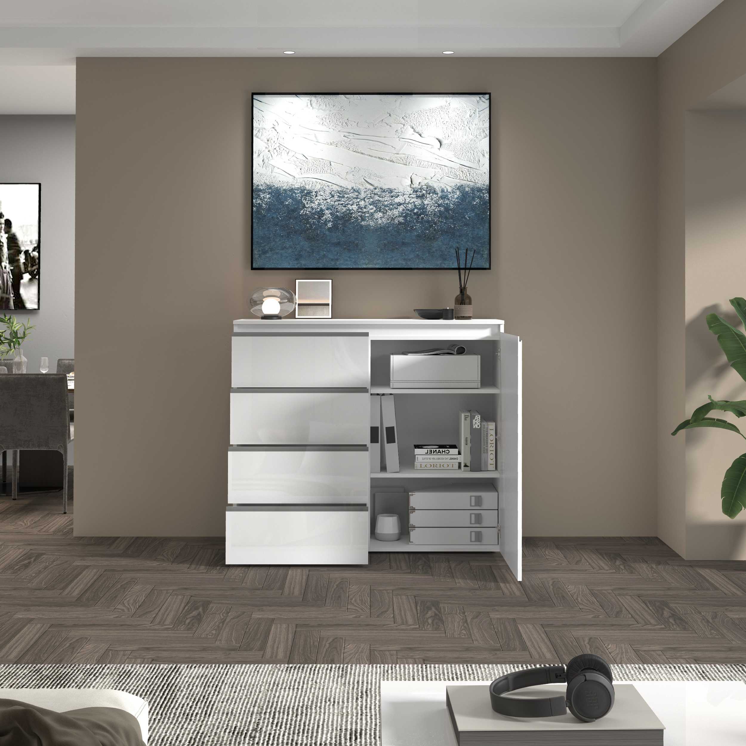 WHOUS Credenza Cassettiera Bianco Lucido, Made in Italy STILE: 1 anta e 4 cassetti