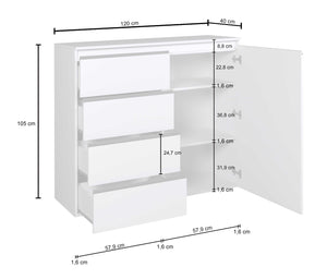 WHOUS Credenza Cassettiera Bianco Lucido, Made in Italy STILE: 1 anta e 4 cassetti