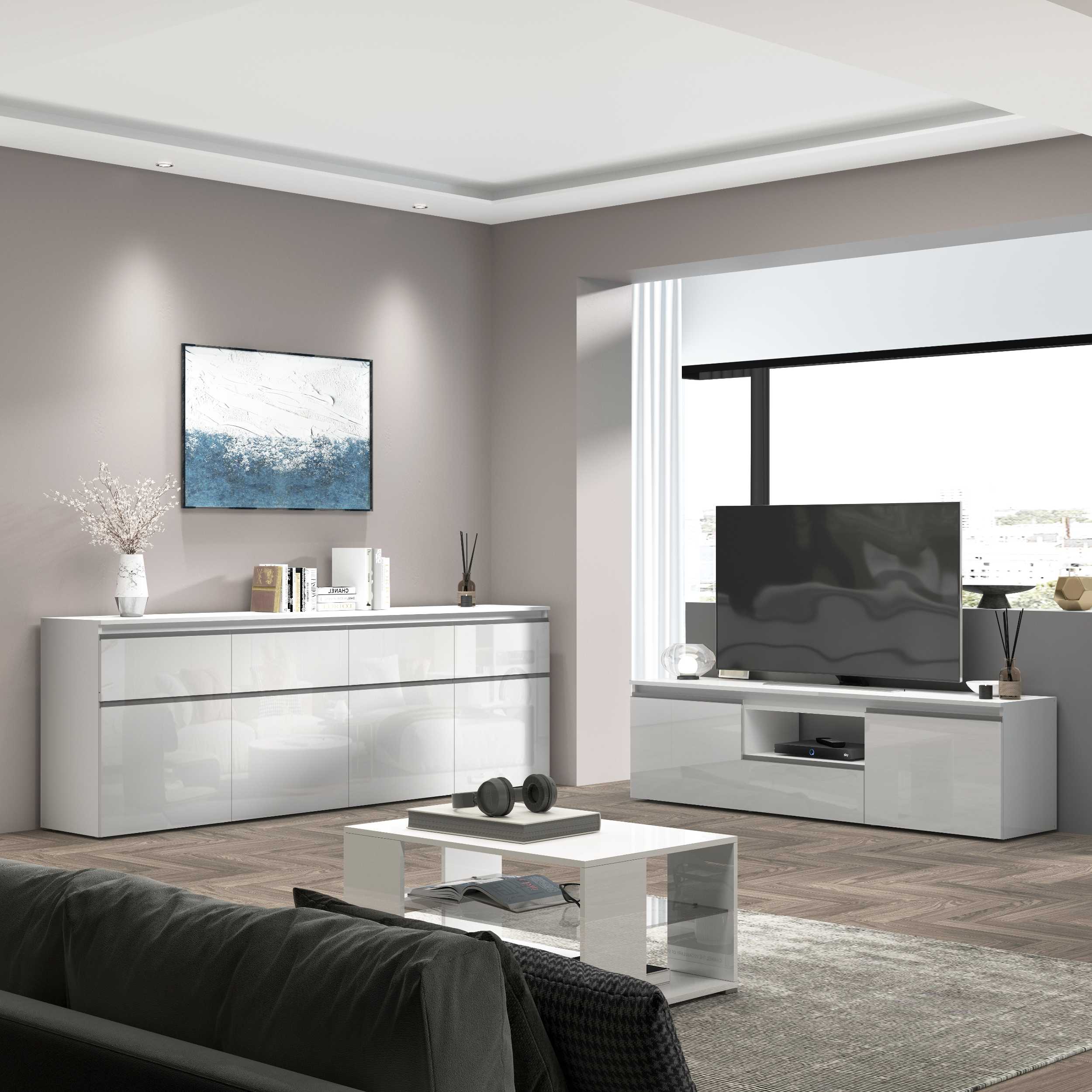 WHOUS Credenza Cassettiera Bianco Lucido, Made in Italy STILE: 4 ante e 4 cassetti