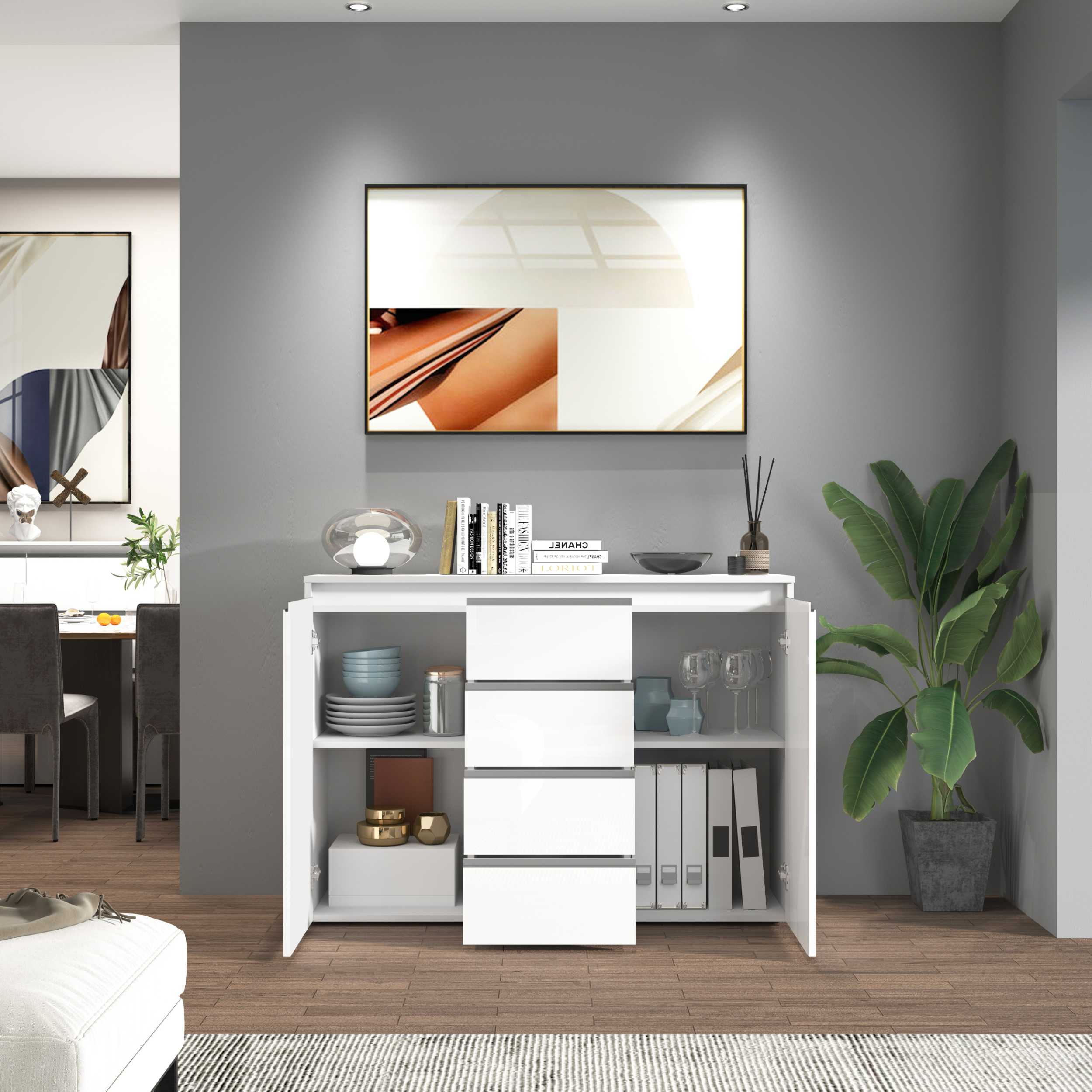 WHOUS Credenza Cassettiera Bianco Lucido, Made in Italy STILE: 2 ante e 4 cassetti