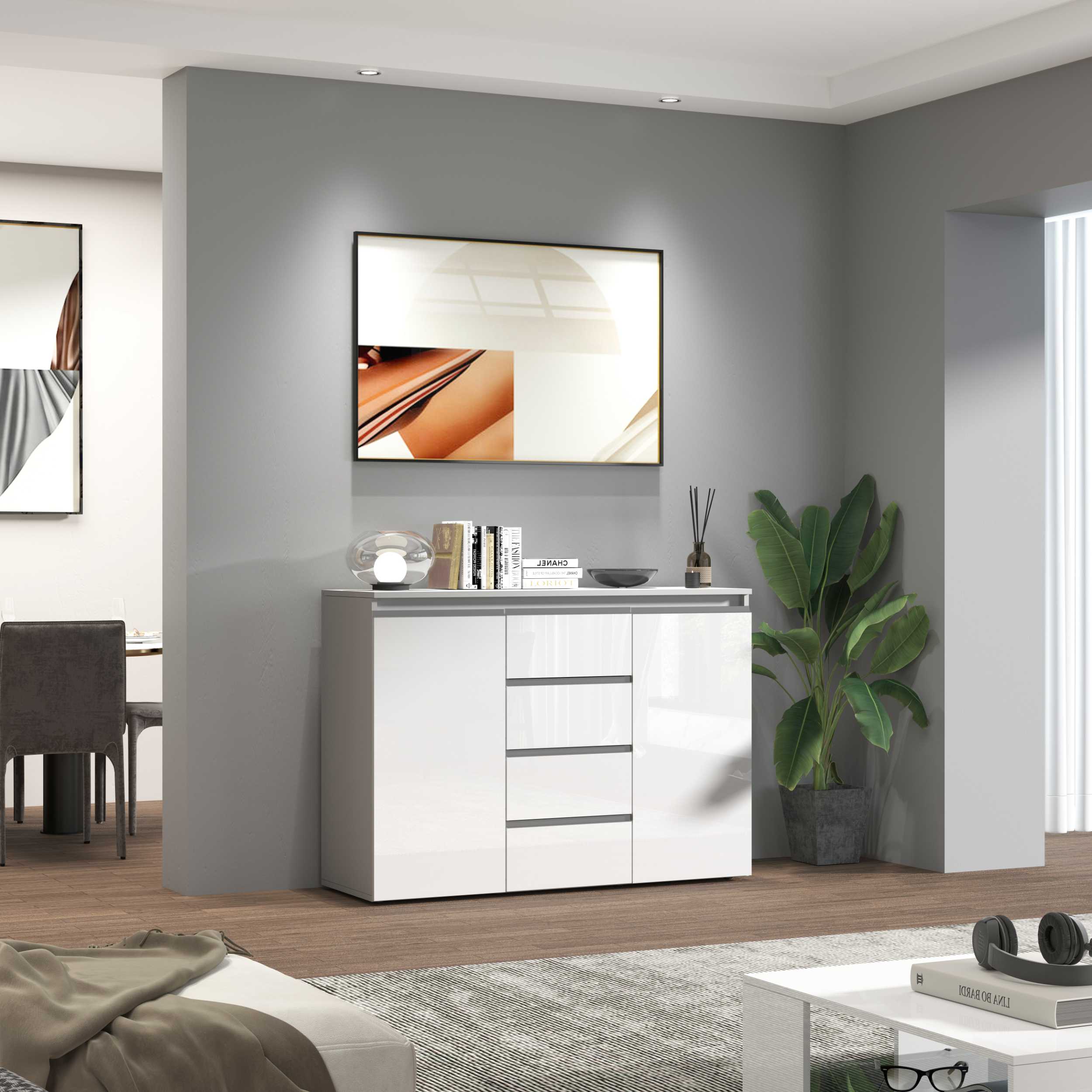 WHOUS Credenza Cassettiera Bianco Lucido, Made in Italy STILE: 2 ante e 4 cassetti