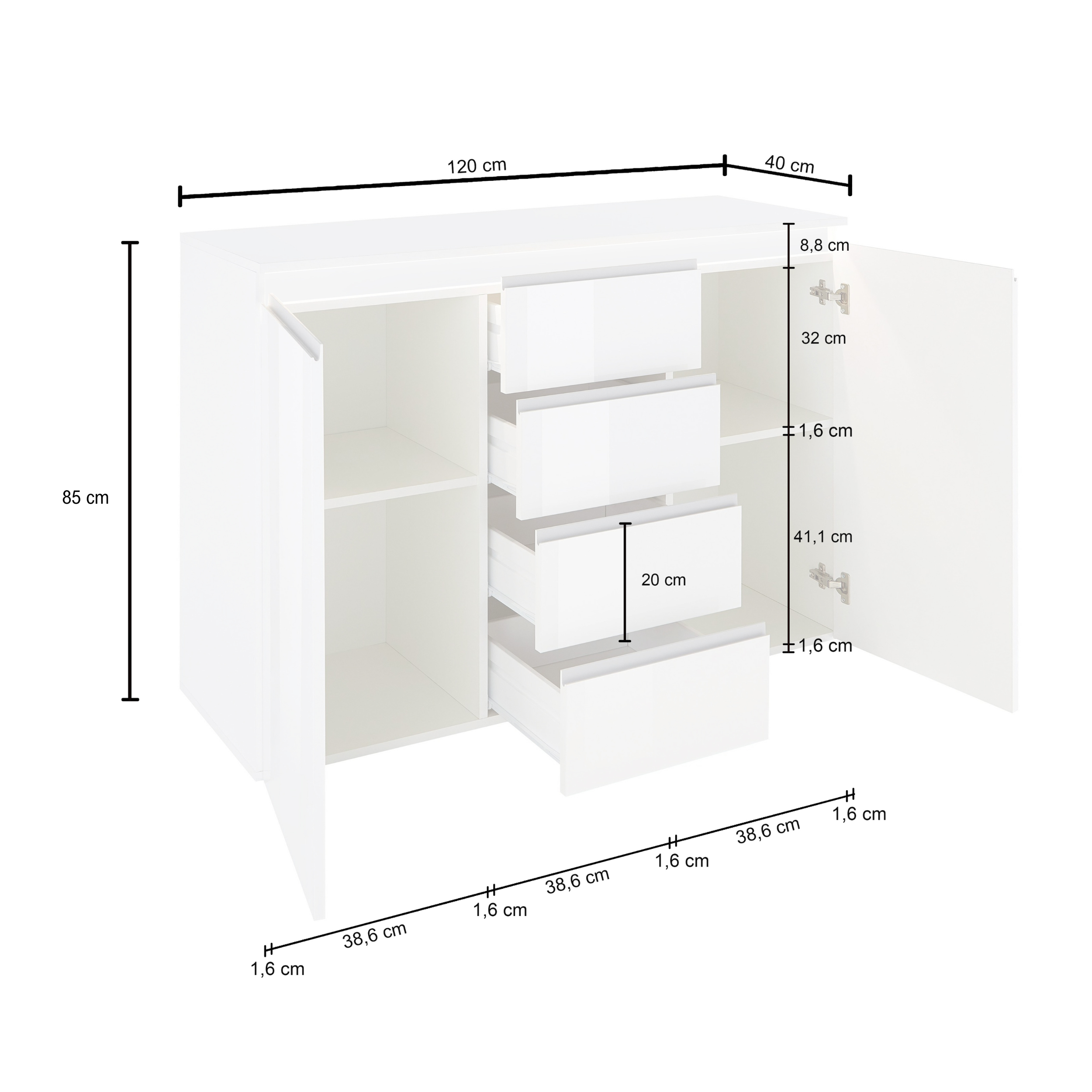 WHOUS Credenza Cassettiera Bianco Lucido, Made in Italy STILE: 2 ante e 4 cassetti