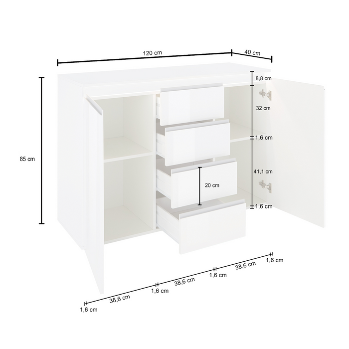 WHOUS Credenza Cassettiera Bianco Lucido, Made in Italy STILE: 2 ante e 4 cassetti