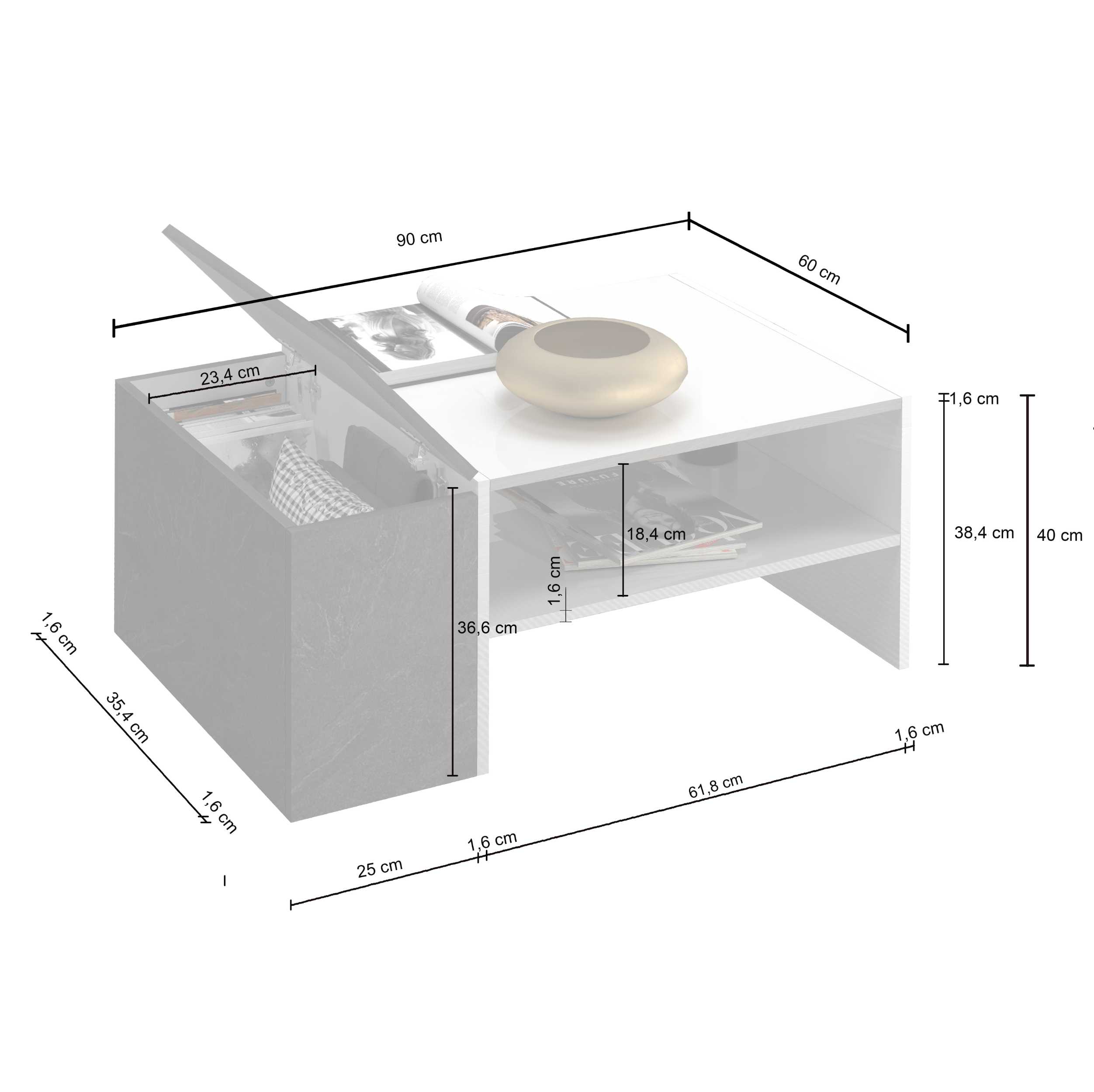 WHOUS Tavolino da Caffè 90x60x40 cm con Vano Contenitivo, Made in Italy COLORE: Bianco/Acero Pereira