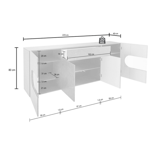 WHOUS Credenza Soggiorno Bianco Lucido, Made in Italy STILE: 4 ante e 1 cassetto