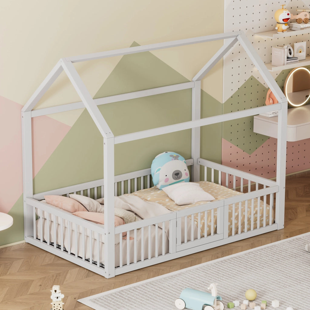 OKWISH Letto a casetta 90×200 cm, Letto Singolo con Spondine di Sicurezza, Porticina e Doghe, senza Materasso, in Pino e MDF, Bianco