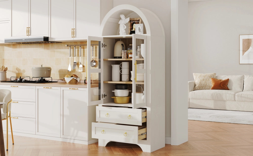 Credenza alta con ante in vetro, 2 cassetti e ripiani regolabili per cucina e soggiorno bianco 76.2 × 40.1 × 180 cm