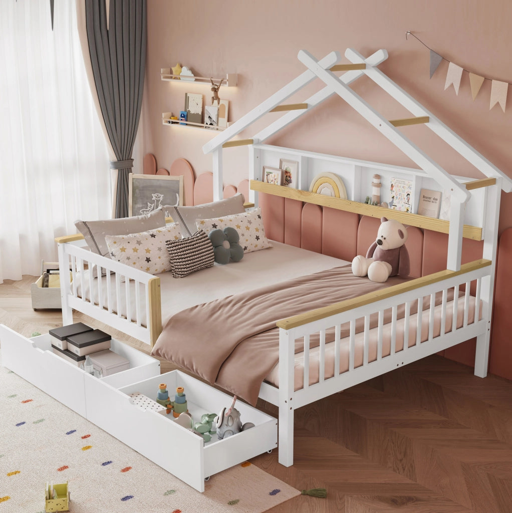 Letto per bambini 140x200 cm con tetto, sponde di sicurezza e 2 cassetti