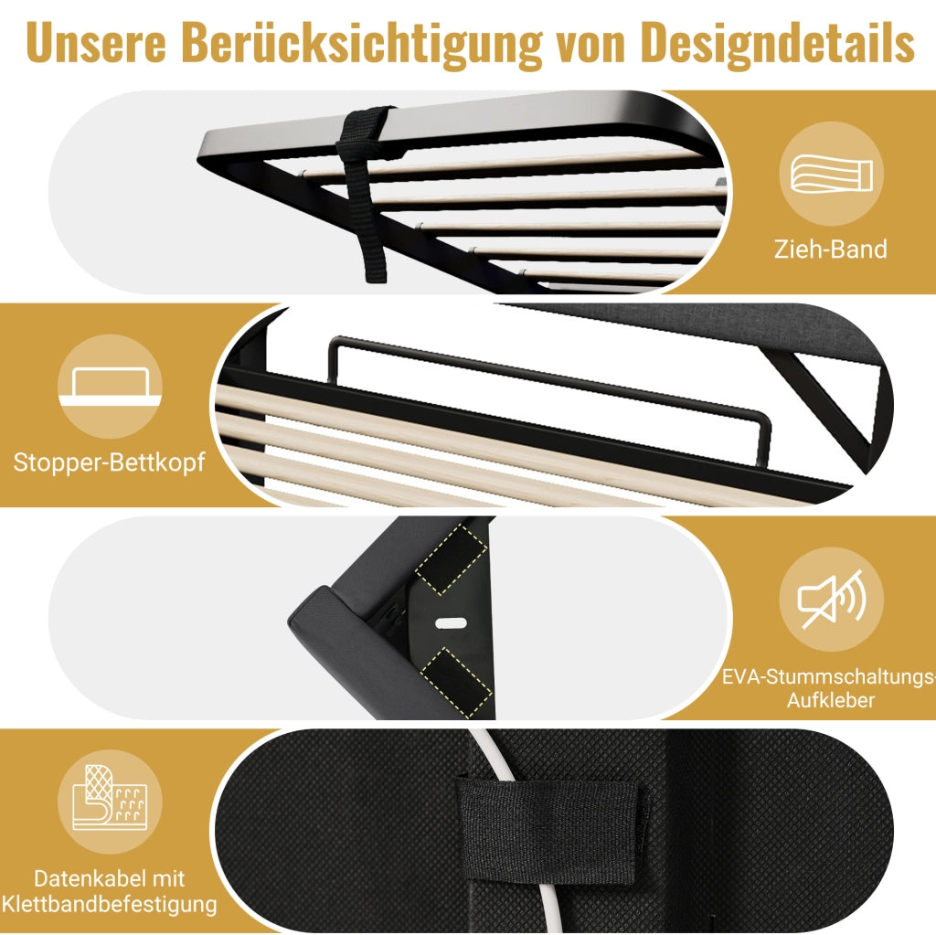 Letto singolo 90x200 cm in lino beige con LED; contenitore idraulico; USB e materasso