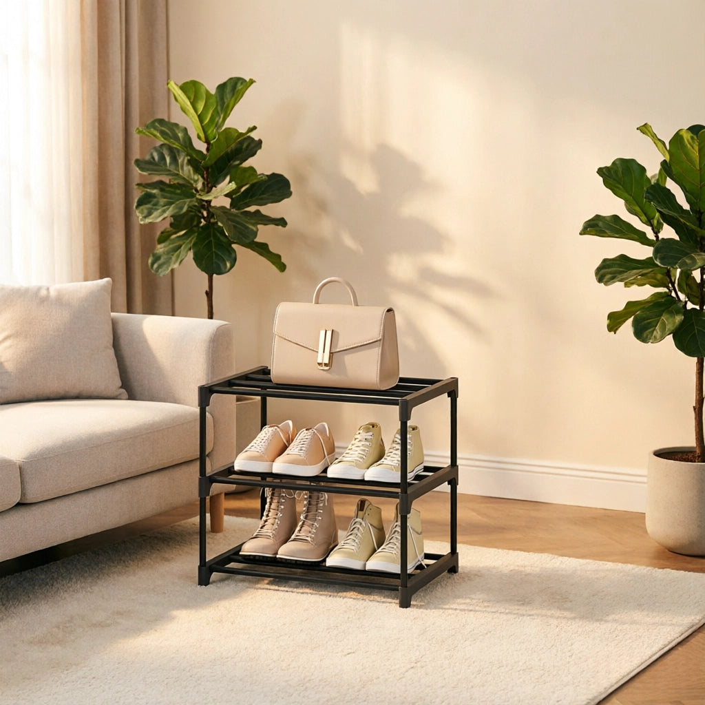 Scarpiera aperta a 3 ripiani con struttura in metallo - per ingresso - 42×30×37 cm - nero