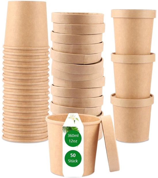 Bicchieri di Carta da 50 pezzi - 360 ml - Resistenti al Microonde - Congelabili - Bicchieri di Cibo - Carta di Alta Qualità - Bicchieri di Carta