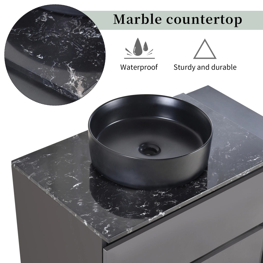 Mobile sottolavabo con cassetti e vano aperto; lavabo rotondo in ceramica; per bagno; in MDF; nero e grigio