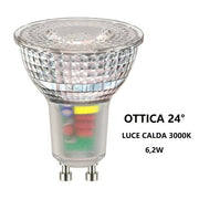 GU10 LAMPADINA FARETTO IN VETRO A LED 6,2W OTTICA 24° LUCE CALDA 3000K BOT