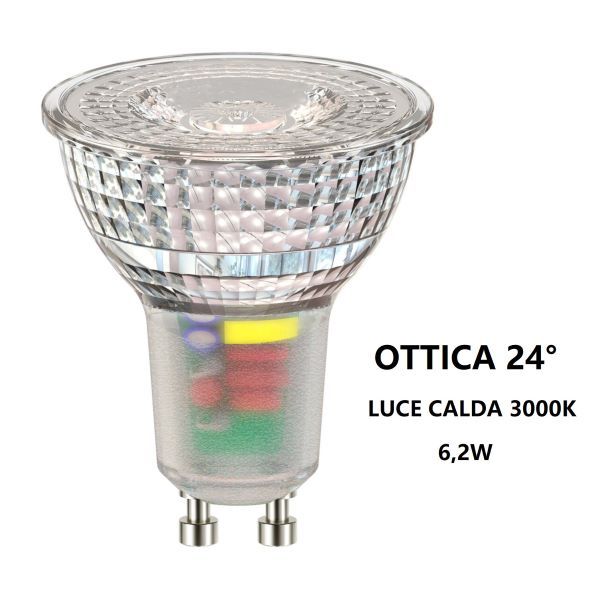 GU10 LAMPADINA FARETTO IN VETRO A LED 6,2W OTTICA 24° LUCE CALDA 3000K BOT