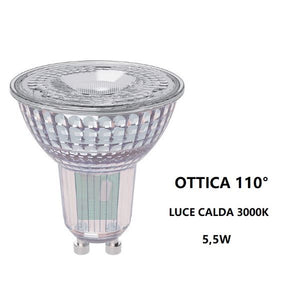 GU10 LAMPADINA FARETTO IN VETRO A LED 5,5W OTTICA 110° LUCE CALDA 3000K BOT