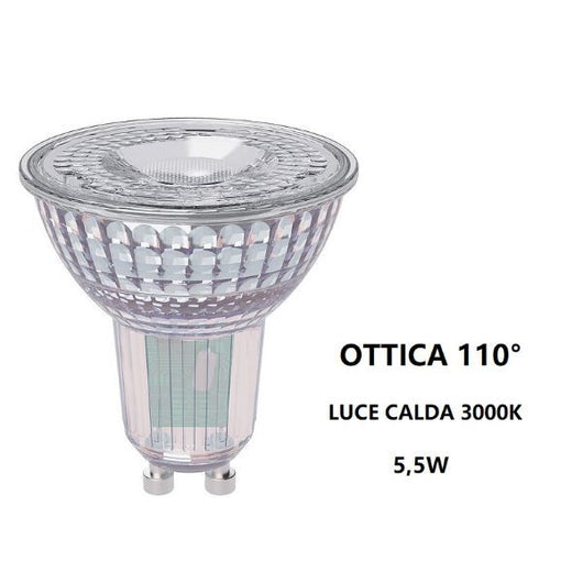 GU10 LAMPADINA FARETTO IN VETRO A LED 5,5W OTTICA 110° LUCE CALDA 3000K BOT