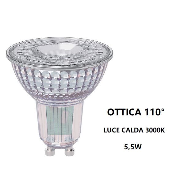 GU10 LAMPADINA FARETTO IN VETRO A LED 5,5W OTTICA 110° LUCE CALDA 3000K BOT