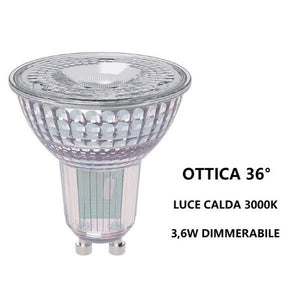 GU10 LAMPADINA FARETTO IN VETRO A LED 3,6W OTTICA 36° DIMMERABILE 3000K BOT
