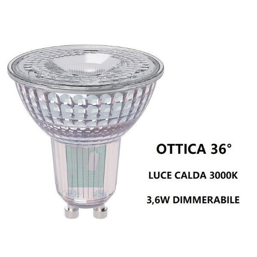 GU10 LAMPADINA FARETTO IN VETRO A LED 3,6W OTTICA 36° DIMMERABILE 3000K BOT