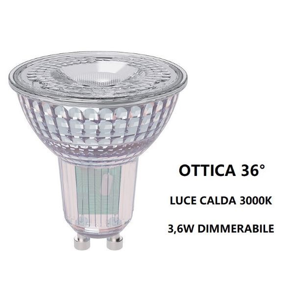 GU10 LAMPADINA FARETTO IN VETRO A LED 3,6W OTTICA 36° DIMMERABILE 3000K BOT