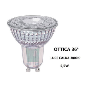 GU10 LAMPADINA FARETTO IN VETRO A LED 5,5W OTTICA 36° LUCE CALDA 3000K BOT