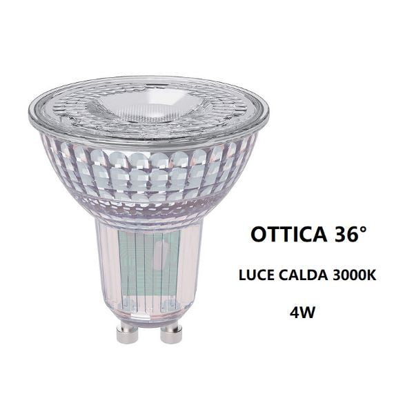 GU10 LAMPADINA FARETTO IN VETRO A LED 4W OTTICA 36° LUCE CALDA 3000K BOT