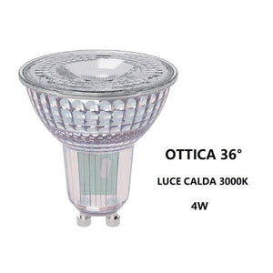 GU10 LAMPADINA FARETTO IN VETRO A LED 4W OTTICA 36° LUCE CALDA 3000K BOT