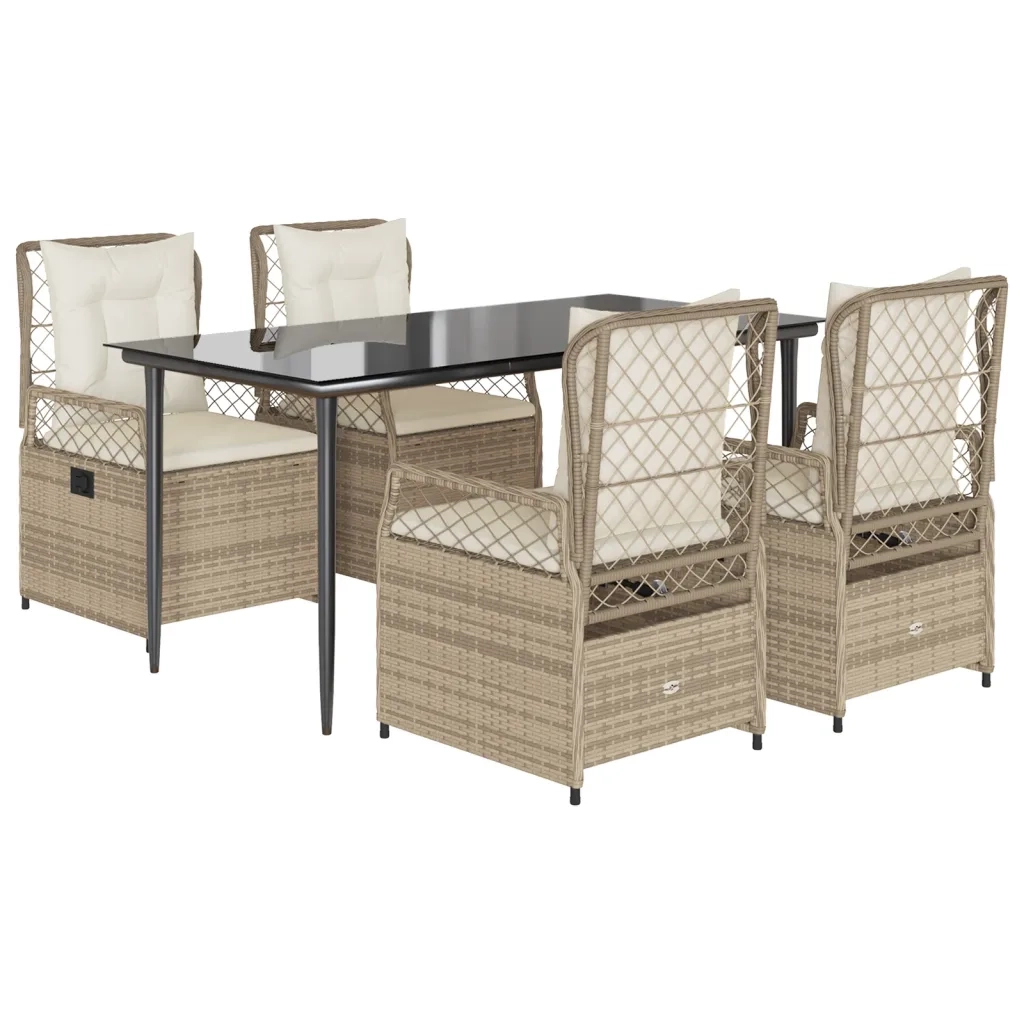 Set da Pranzo da Giardino 5 pz con Cuscini Beige in Polyrattan