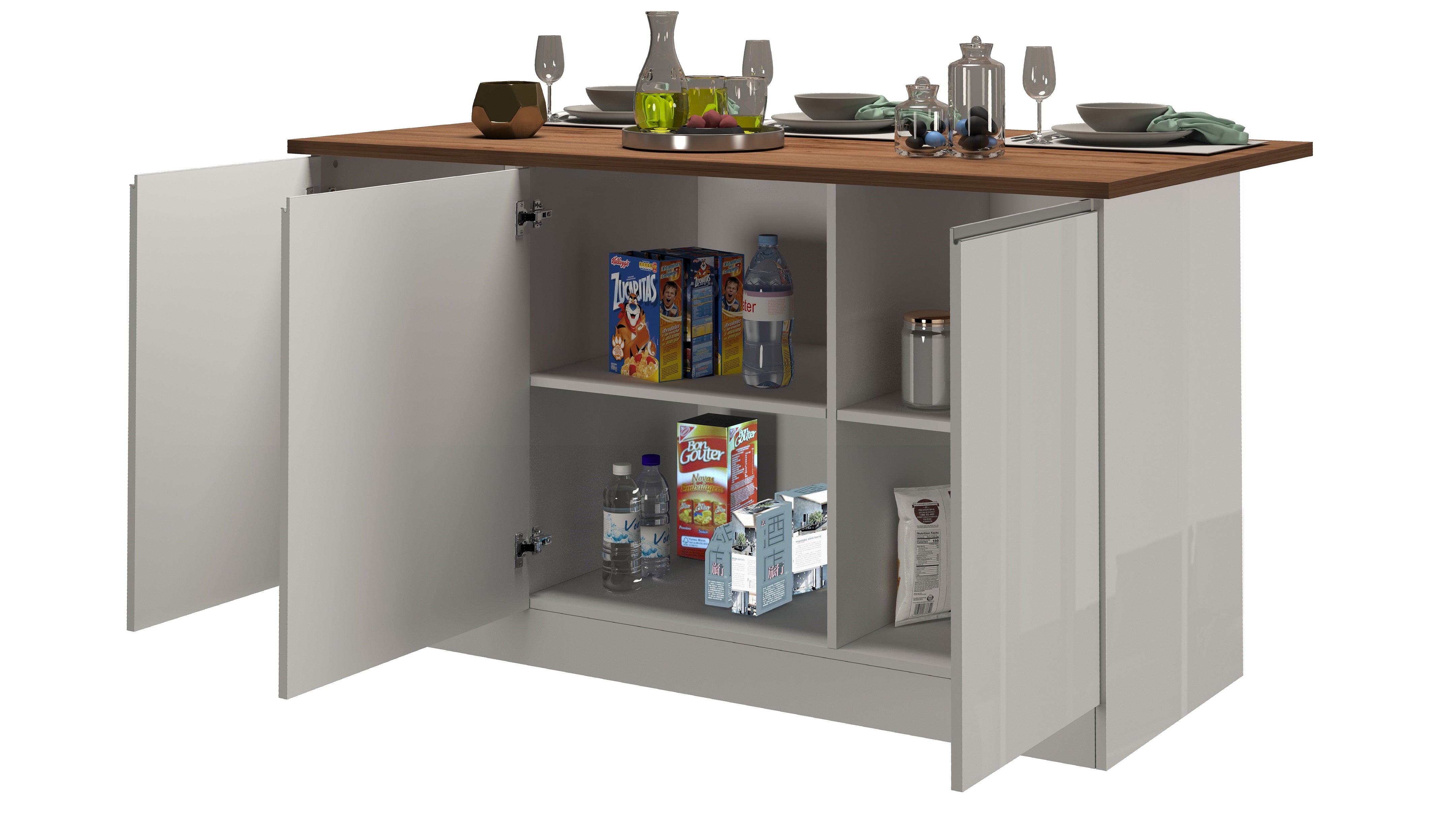 Isola Cucina SOLE 3 Ante – Bianco Lucido/Rovere, 155x90x90 cm, Made in Italy