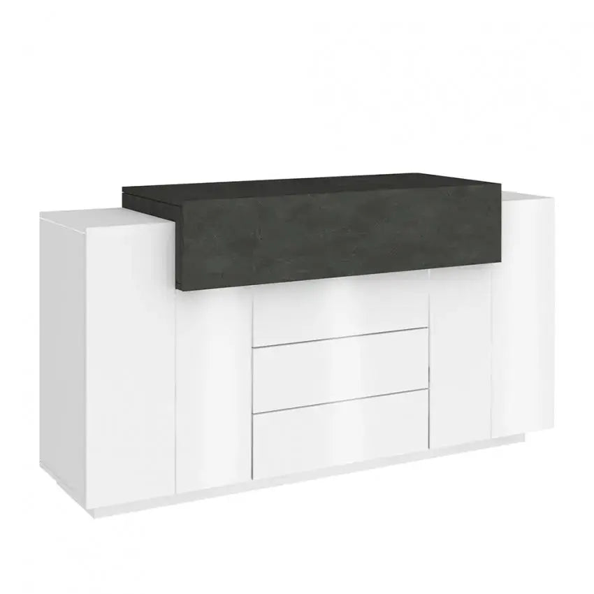 Mobile multiuso moderno CORO con 2 ante battenti, 1 ribalta e 3 cassetti - bianco lucido report