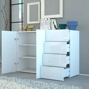 Mobile Moderno Multiuso 2 Anta 4 Cassetti Onda Bianco Lucido