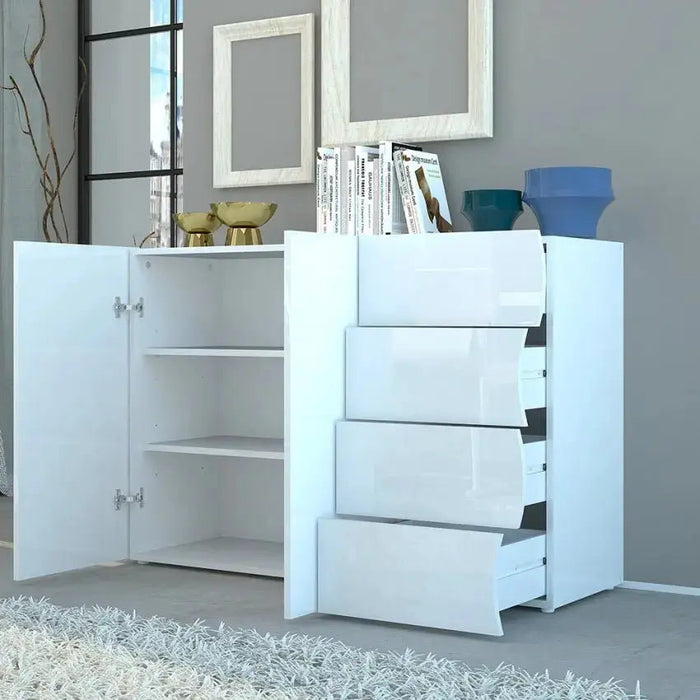 Mobile Moderno Multiuso 2 Anta 4 Cassetti Onda Bianco Lucido