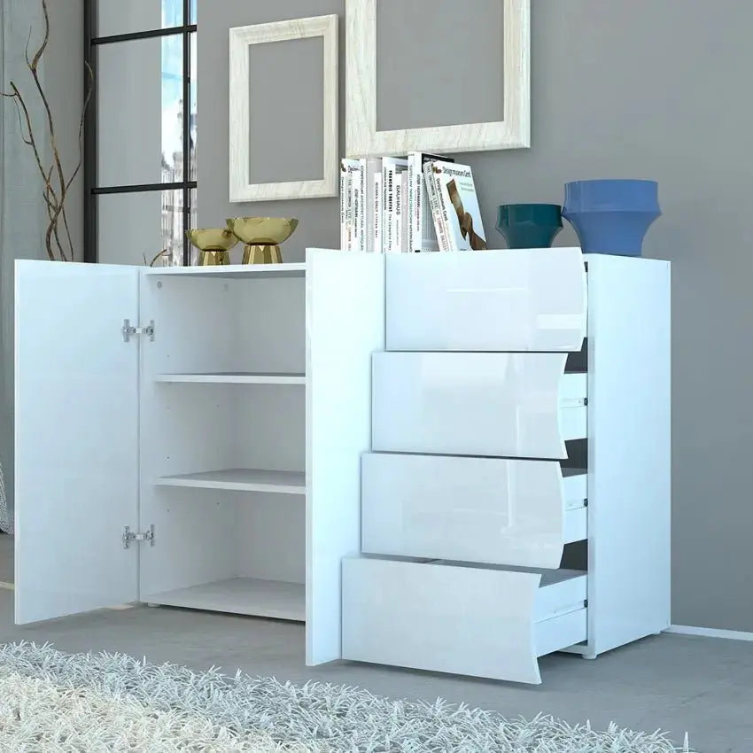 Mobile Moderno Multiuso 2 Anta 4 Cassetti Onda Bianco Lucido
