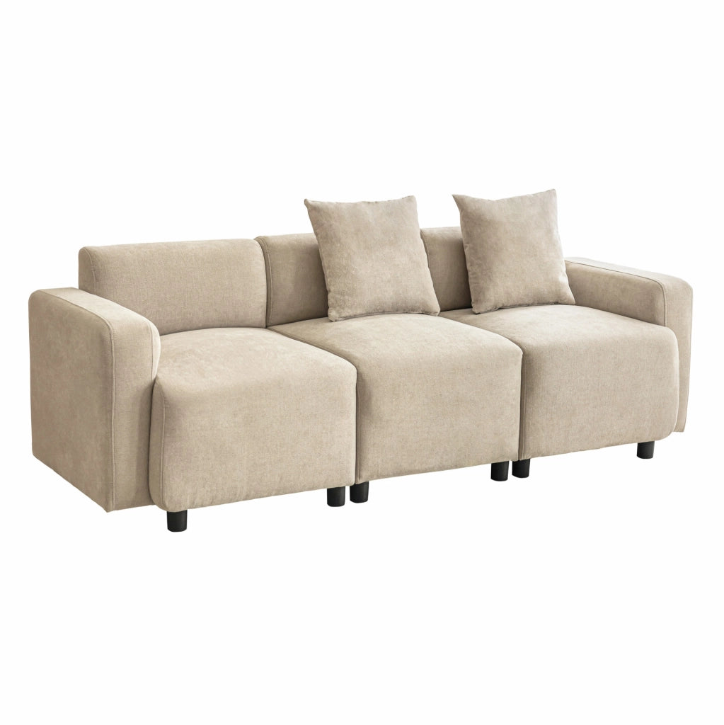 Divano 3 posti in ciniglia beige con 2 cuscini, 211 cm