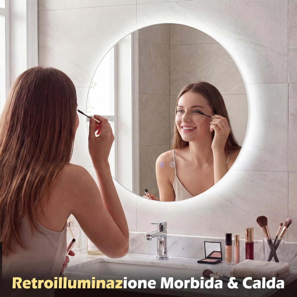 Specchio Rotondo LED da 60 cm, Specchio da Bagno da Parete con Luminosità Regolabile, Retroilluminato Morbido, Vetro Temperato con Funzione Memoria e Anti-Appannamento (60 cm x 2,8 cm)