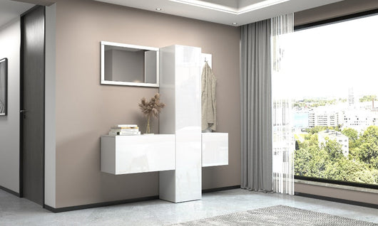 Set Ingresso Moderno KOMPACT 4 Pezzi – 170x35x191 cm, Specchio e 11 Ripiani